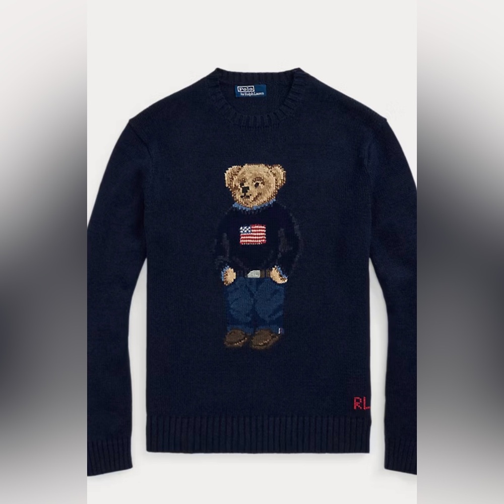 Polo by Ralph Lauren Navy Bear Crewneck Sweater with Flag Knit